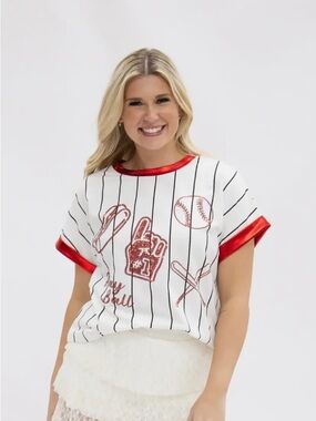 White & Red Pinstripe Baseball Sequin Jersey Top